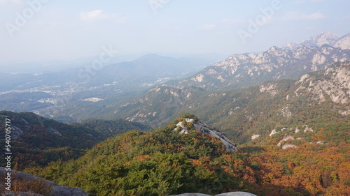 Bukhansan National Park. Bukhansan Bibong Peak - Hyangnobong Peak. autumn mountains. hiking Korean mountains. mountain landscapes in autumn. trekking. rise to the top of the mountain. photo