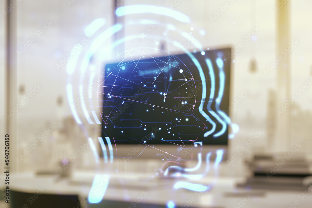 Creative artificial Intelligence concept with human head sketch on modern computer background. Double exposure Creative artificial Intelligence concept with human head sketch on modern computer background. Double exposure