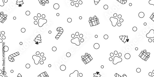 dog paw seamless pattern christmas footprint gift box Santa Claus cartoon birthday tile background repeat wallpaper illustration gift wrapping paper scarf isolated design