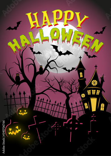 Halloween afiche, casa del terror, mansión vector, noche de brujas.