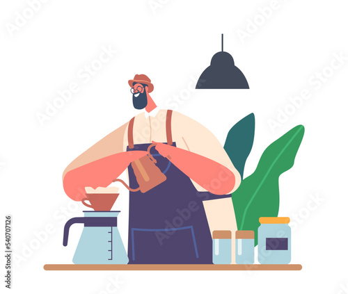 Hipster Barista Making Coffee Pour Over Brewing, Smiling Male Character Bartender Wear Apron Work In Cafe Or Coffee Shop