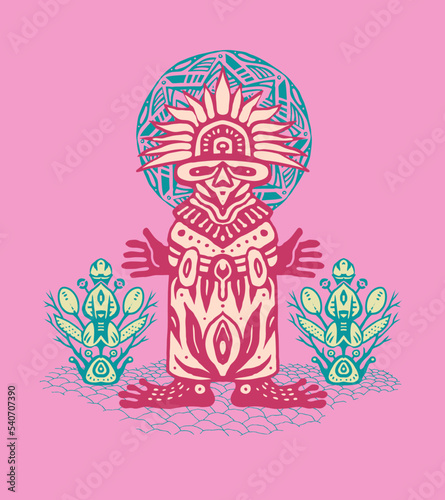 Emblem with Indian shaman of South America. Stylized tribal graphics, design element. Vector illustration