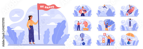 Bravery concept set. Challenge overcoming, taking a risk to achieve