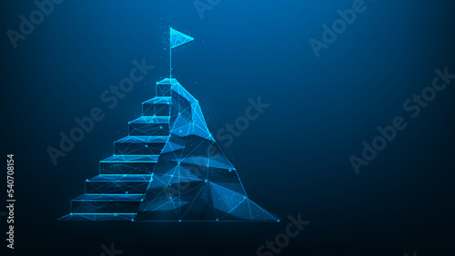 business stair mountain goal achievement digital on blue dark background. staircase step to target success. Strategy for working to successful. flag on peak. vector illustration digital fantastic.