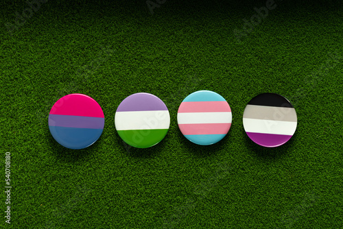 Bisexual, genderqueer, transgender, asexual badges on a green lawn grass. photo
