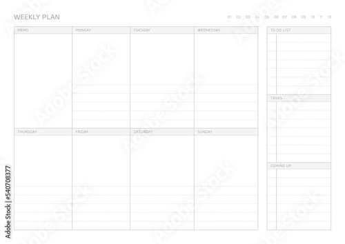 A weekly plan design template in a modern, simple, and minimalist style. Note, scheduler, diary, calendar, planner document template illustration.