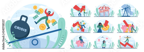 Economic crisis concept set. Economical activity or output recession