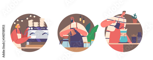 Barista Men And Woman Making Coffee Isolated Round Icons Or Avatars. Friendly Characters Wear Apron Work In Cafe