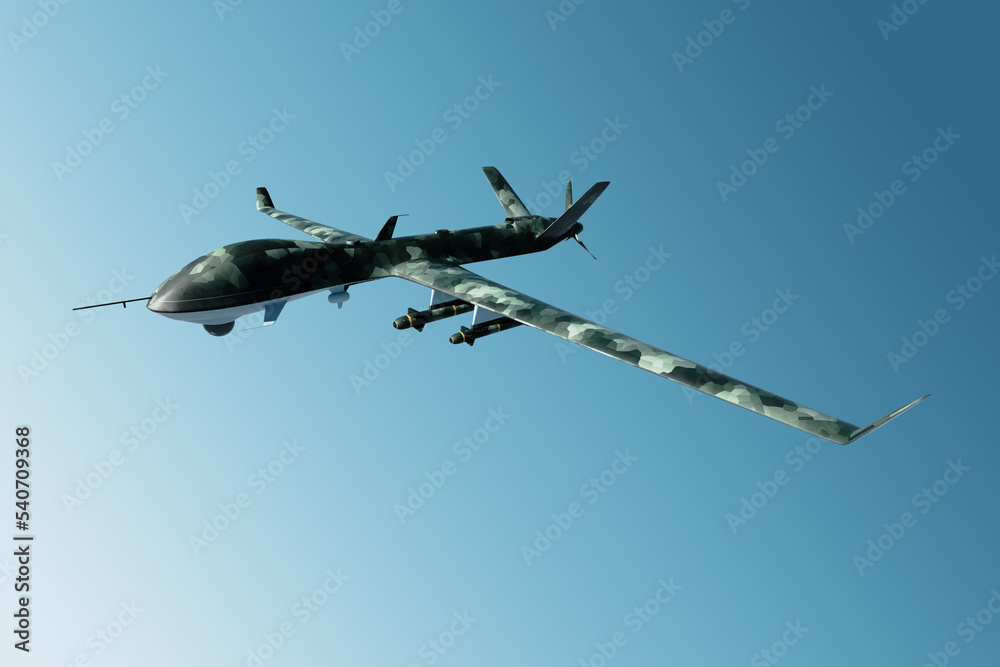 Fototapeta premium A military combat drone UAV is on duty in the sky. Modern aircraft, army of the future, reconnaissance, military drone, war of the future. 3D illustration, 3D render.