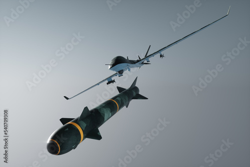 UAV military combat drone launches a combat missile. Modern aircraft, army of the future, reconnaissance, military drone, war of the future. 3D illustration, 3D render.