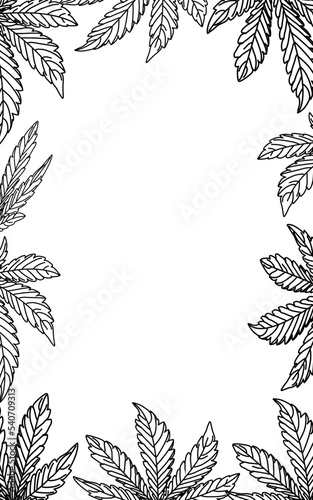 Doodle hand drawing monochrome leaves Cannabis frame black and white background