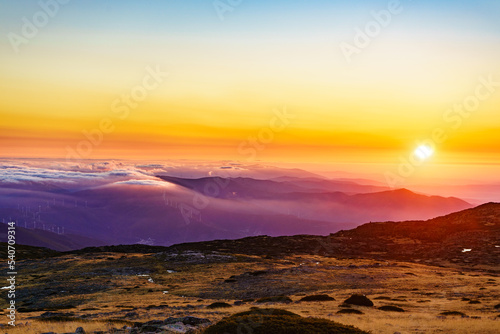 Burning sunset above clouds, Serra da Estrela, Portugal.