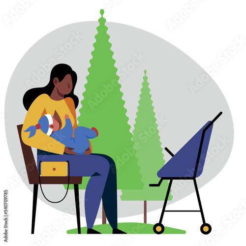 An image of a mother feeding a baby with her breast outdoors