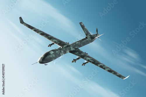 Fototapeta Naklejka Na Ścianę i Meble -  A military combat drone UAV is on duty in the sky. Modern aircraft, army of the future, reconnaissance, military drone, war of the future. 3D illustration, 3D render.