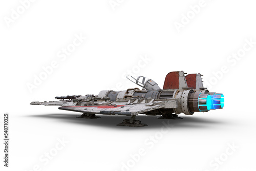 Fototapeta Naklejka Na Ścianę i Meble -  Rear perspective 3D rendering of a science fiction fantasy fighter jet powered space ship parked on the ground isolated on a transparent background.