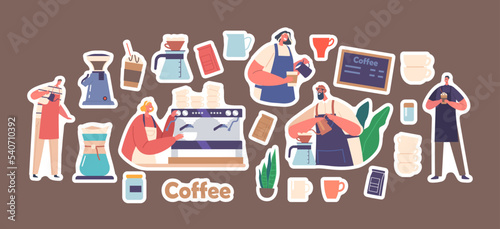 Set Of Stickers Barista Men And Women Making Coffee, Friendly Male And Female Characters Work In Cafe Patches Pack