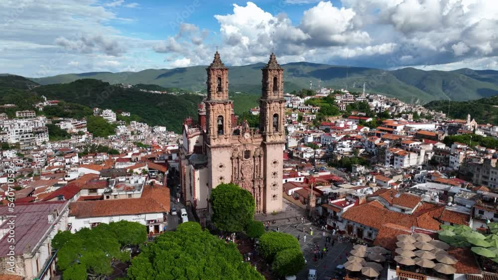 Aerial view towards the Church of santa prisca de taxco, in sunny, Mexico Aerial view towards the Church of santa prisca de taxco, in sunny, Mexico
