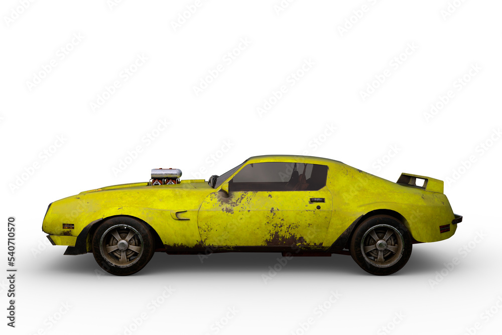 3D rendering of an old yellow retro American muscle car isolated on a transparent background.