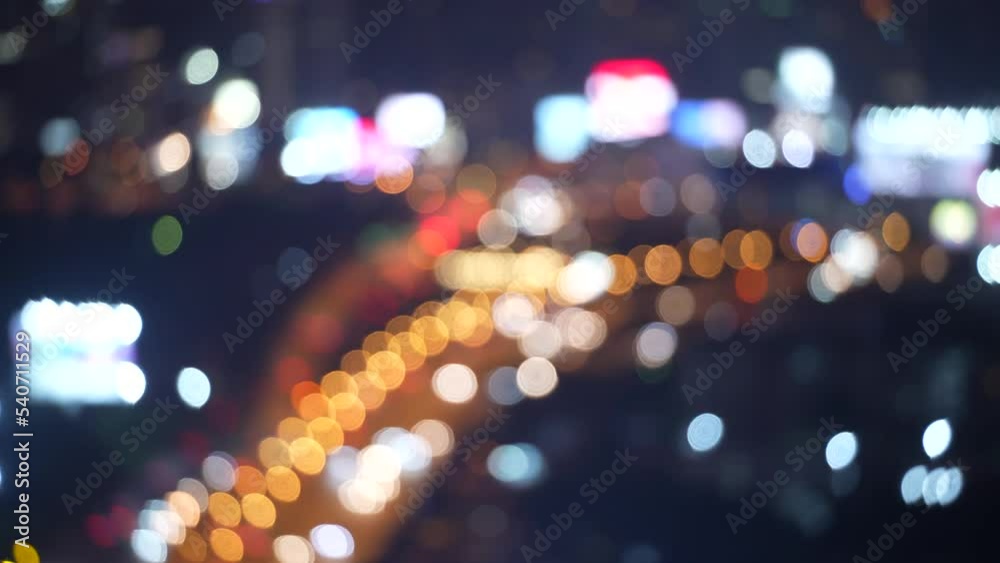 Blur film grain background of Abstract bokeh lights on highway full of traffic  busy street with many cars during rush hour in illuminated city, horizontal 4k height resolutions 2160 x 3840 