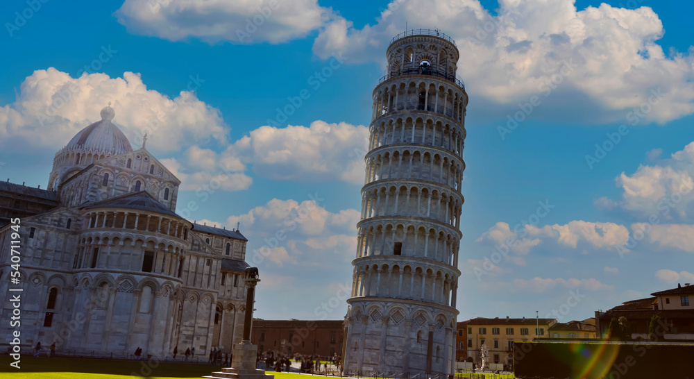 The Pisa Cathedral (Duomo di Pisa) with Leaning Tower  (Torre di Pisa) Tuscany, Italy.The Leaning Tower of Pisa is one of the main landmark in Italy.