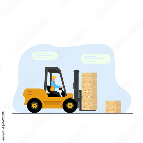 Forklift with driver. Forklift truck with man of driving. Fork lift with pallet on warehouse. Flat cartoon illustration