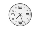 Round black and white wall clock isolated on white background. Time 7 hr. 27 min.