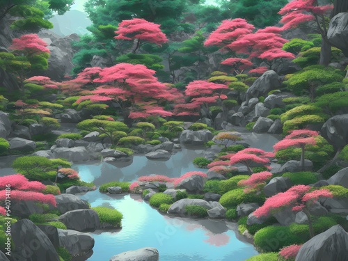 Beautiful detailed Autumn Japanese Zen garden 3d illustration