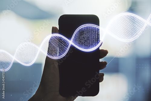Creative concept with DNA symbol illustration and hand with phone on background. Genome research concept. Multiexposure