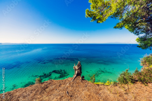 Greece,Central Macedonia,Mediterranean Sea seen from coastal clifftop in summer