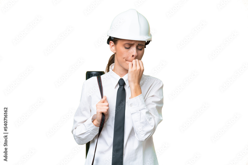 Young architect woman with helmet and holding blueprints over isolated background having doubts Young architect woman with helmet and holding blueprints over isolated background having doubts