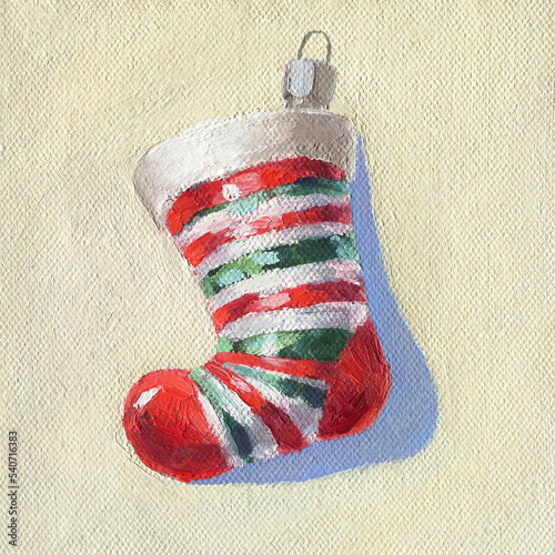 Retro Christmas tree toy. Christmas oil painting. Santa's boots. Christmas retro poster