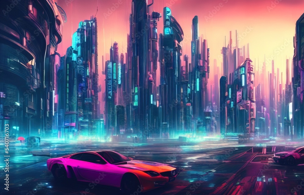 Cyberpunk 3D illustration of abstract futuristic cityscape. City of the future at bright multicolored neon night. Neon Haze. Night urban landscape.