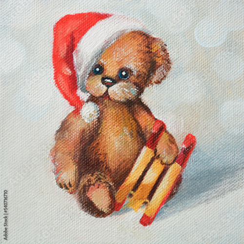 Retro Christmas Poster. Christmas oil painting. Christmas toy Teddy bear