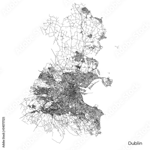 Dublin city map with roads and streets, Ireland. Vector outline illustration.