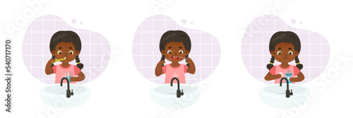 Dental hygiene collection with cartoon kid. Cute girl brush her teeth in front of the sink. Everyday dental care set.
