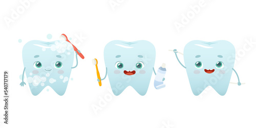 Dental hygiene set with cute teeth mascots. Cartoon tooth brushing yourself.