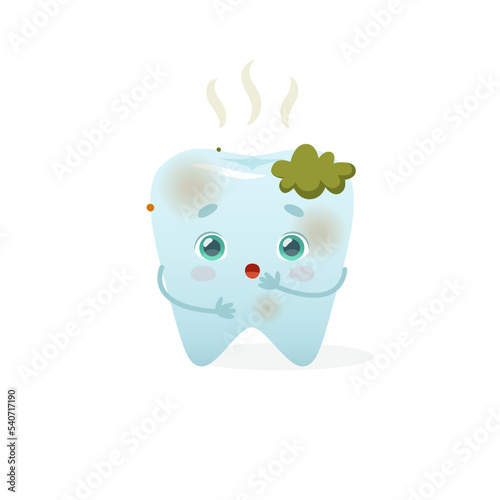 Cartoon dirty tooth mascot with caries. Uncleaned stinky tooth. Cute vector tooth with problem.