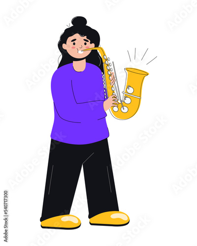 The girl blows the saxophone and plays it. Wind instrument. Vector stock illustration. White background. isolated. Art. Flat style. hyper people
