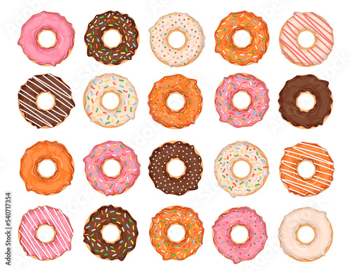 Set of donuts isolated on white background. Collection of vector illustrations of donuts with different toppings and flavors. Sweet pastry.