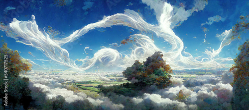 Beautiful Landscape above sky At paradis with Whirlwind cloud Atmosphere. Fantasy Art Background Illustration. For Game, Novel, Web Design.