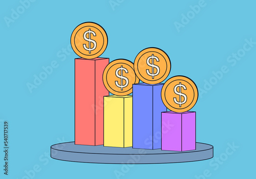 Drawn chart with sales growth figures on top of which dollar coins.