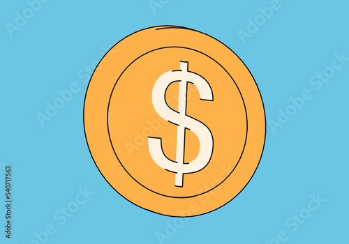 Cartoon-style drawn dollar coin on blue background.