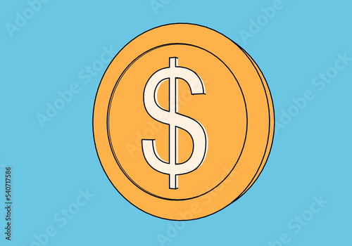 Painted gold-colored dollar coin in cartoon style on blue background.
