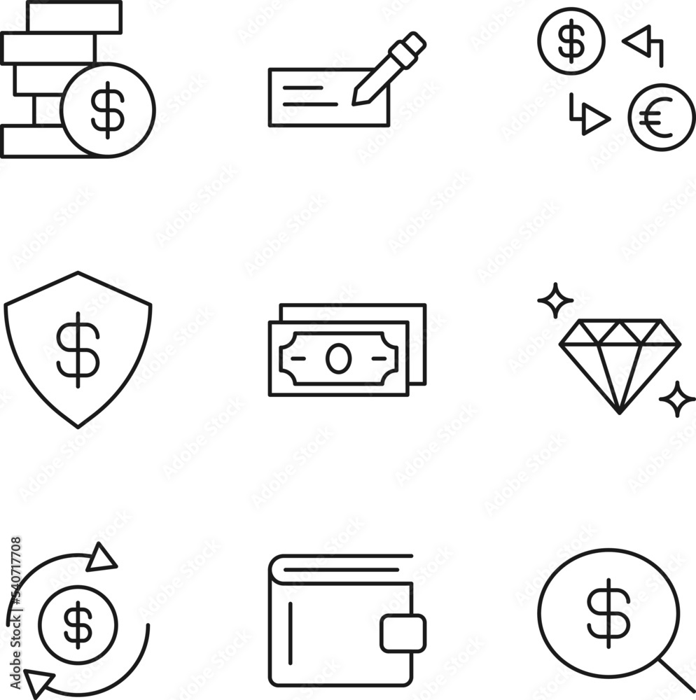 Collection of isolated vector line icons for web sites, adverts, articles, stores, shops. Editable strokes. Signs of money, business card, exchange, diamond, armor, wallet, loupe