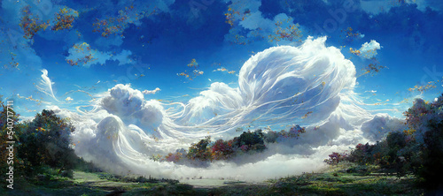 Beautiful Landscape above sky At paradis with Whirlwind cloud Atmosphere. Fantasy Art Background Illustration. For Game, Novel, Web Design.