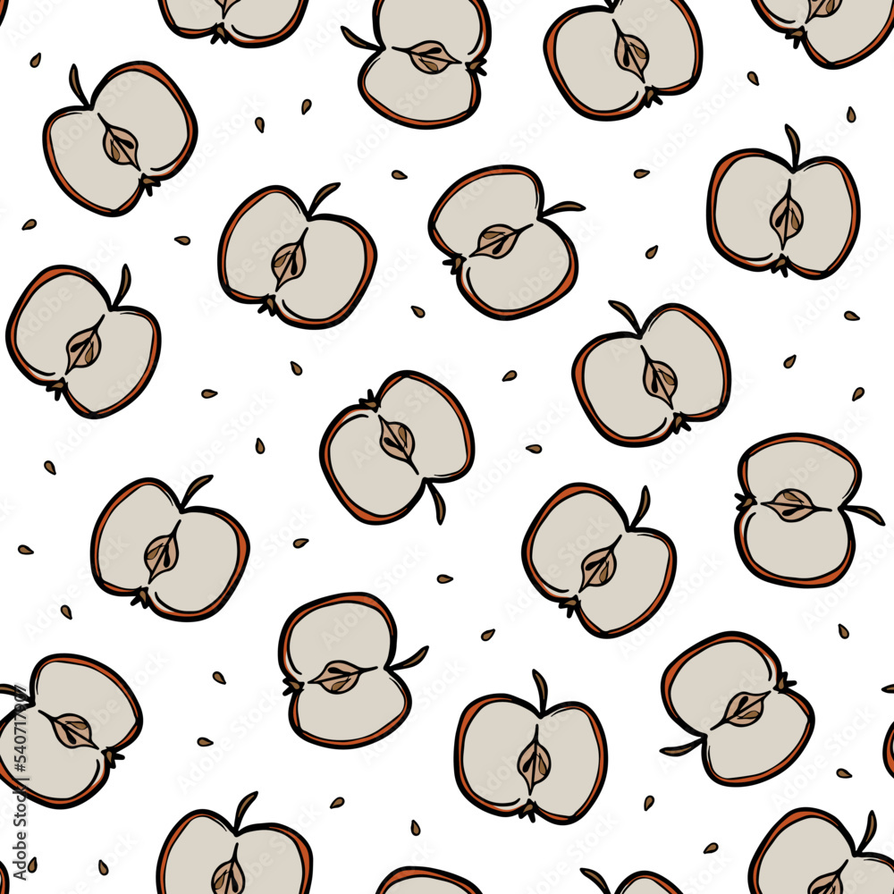 Yummy Doodle linear colorful vector hand drawn messy half apples and seeds fall autumn seasonal seamless repeat pattern on white background