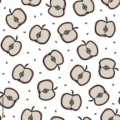 Obraz na płótnie Yummy Doodle linear colorful vector hand drawn messy half apples and seeds fall autumn seasonal seamless repeat pattern on white background w salonie