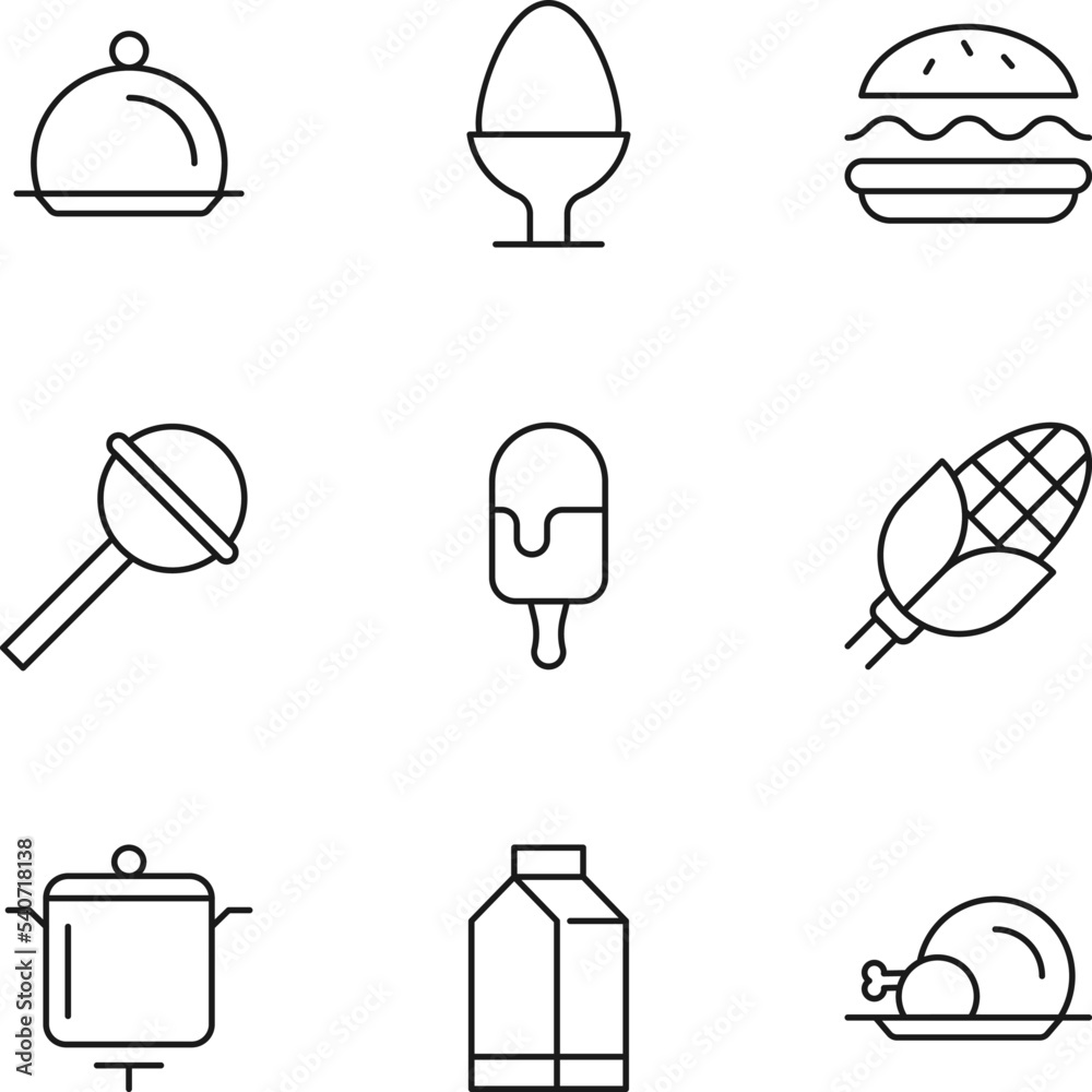 Collection of isolated vector line icons for web sites, adverts, articles, stores, shops. Editable strokes. Signs of bowl with cloche, egg, burger, candy, ice cream, corn Collection of isolated vector line icons for web sites, adverts, articles, stores, shops. Editable strokes. Signs of bowl with cloche, egg, burger, candy, ice cream, corn