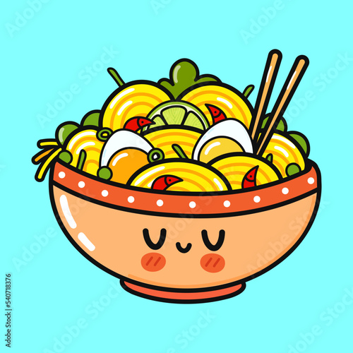 Cute funny ramen bowl. Vector hand drawn cartoon kawaii character illustration icon. Isolated on blue background. Ramen bowl character concept