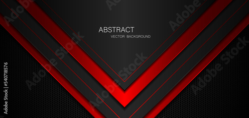 Abstract black and red polygon with red glow lines on dark steel mesh background with free space for design. modern technology innovation concept background
